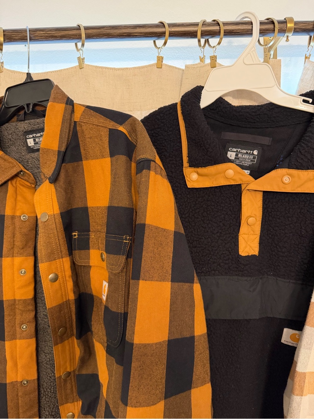 Carhartt Men's Buffalo Plaid Jacket + Black Fleece Pullover + Plaid Shirt / Lg